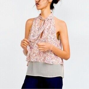 NWOT Zara Floral Sleeveless Front Bow Tie Top Blouse Size XS Cream Layered Fairy